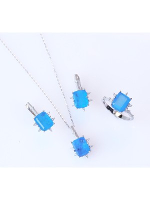 Mavi Paraiba Taşlı Kare Lotus Çiçeği Gümüş Set