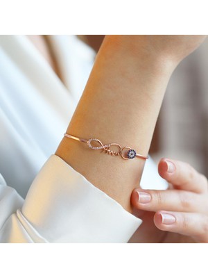 Necati Gün Sonsuzluk Nazar Boncuklu Annem Yazılı Rose Gold Kaplama Gümüş Kelepçe