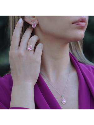 Pembe Zirkon Taşlı Damla Modeli Gümüş Takım