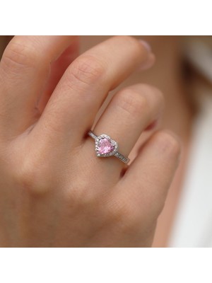 Kalp Pandora Model Pembe Zirkon Taşlı Gümüş Yüzük