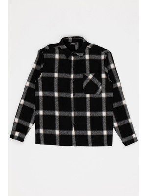 Oversize Ekoseli Tek Cep Siyah Oduncu Gömlek