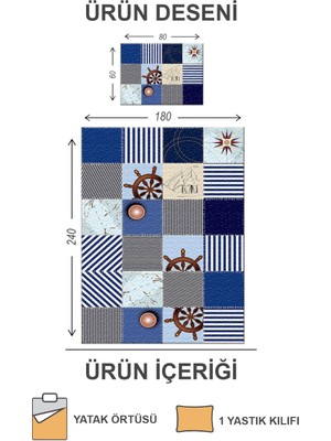 Doruklar Home Collection Kapitoneli Pamuk Dolgulu Kadife Kumaş Gemi Desenli Tek Kişilik Çocuk Genç Yatak Örtüsü Seti