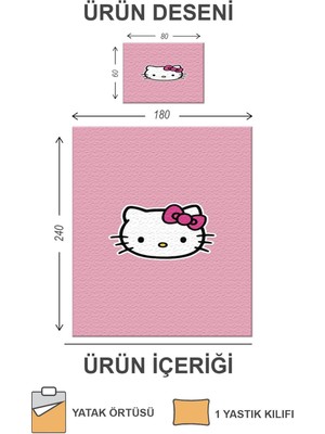 Doruklar Home Collection Kapitoneli Pamuk Dolgulu Kadife Kumaş Hello Kitty Desenli Tek Kişilik Çocuk Genç Yatak Örtüsü Seti