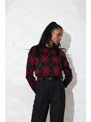 Bordo Baklava Desen Şardonlu Kazak 5219