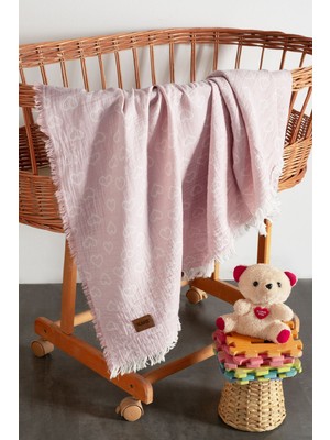 Kanz Bebek 2 Kat  Pamuk Jakarlı Müslin Örtü 100 x 110 cm Heart - Pembe