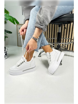 Günlük Kadın Sneaker Gizli Kalın Topuklu  Taş Detaylı  Oval Burun Bağcıklı Spor Ayakkabı F70