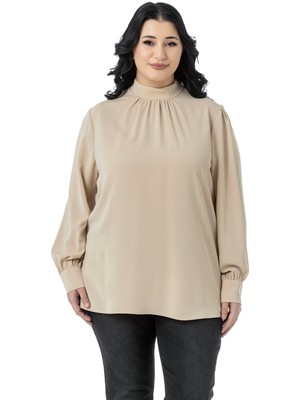 Disentis Modest Büyük Beden Yakası Arkadan Düğmeli Dik Yaka Dökümlü Siyah Bluz