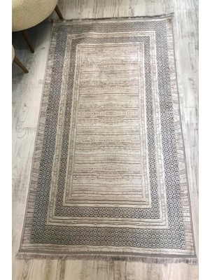 Doruklar Home Collection Kaymaz Taban Yıkanabilir Gri Çerçevelii Vintage Desen Halı