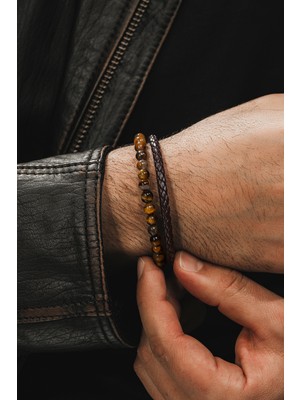 Osmanlı Gümüş Doğal Taşlı Kaplan Gözü Deri Bileklik Dbltprkplng