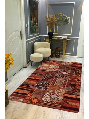 Kaymaz Tabanlı Yıkanabilir Leke Tutmaz Kilim Desenli Salon Halısı Dot Taban Halı KDH22