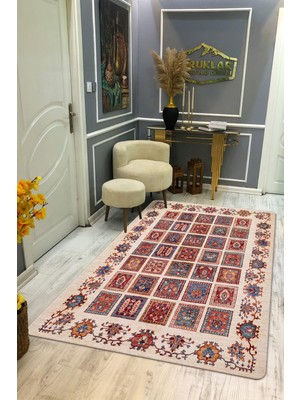 Kaymaz Tabanlı Yıkanabilir Leke Tutmaz Kilim Desenli Salon Halısı Dot Taban Halı KDH20