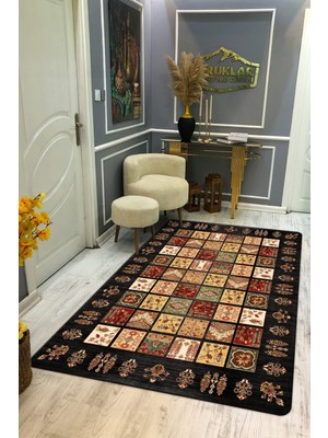 Kaymaz Tabanlı Yıkanabilir Leke Tutmaz Kilim Desenli Salon Halısı Dot Taban Halı KDH24