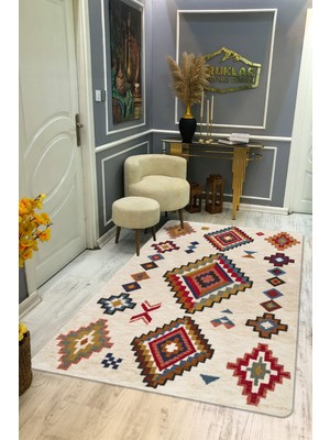 Kaymaz Tabanlı Yıkanabilir Leke Tutmaz Kilim Desenli Salon Halısı Dot Taban Halı KDH29