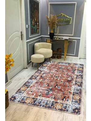 Kaymaz Tabanlı Yıkanabilir Leke Tutmaz Kilim Desenli Salon Halısı Dot Taban Halı KDH14