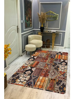 Kaymaz Tabanlı Yıkanabilir Leke Tutmaz Kilim Desenli Salon Halısı Dot Taban Halı KDH13