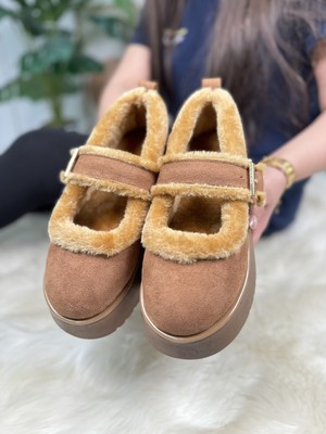 Nstil Günlük Kadın Babet Süet Kalın Tırtıklı Taban Kemer Detaylı Oval Burunlu Ayarlanabilir Tokalı 500h