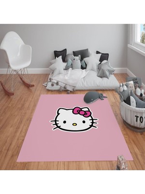 Kaymaz Tabanlı Yıkanabilir Hello Kitty Desenli Çocuk Halısı Dot Taban Halı