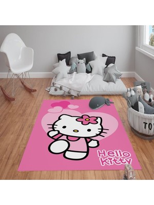 Kaymaz Tabanlı Yıkanabilir Hello Kitty Desenli Çocuk Halısı Dot Taban Halı