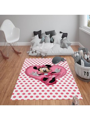 Kaymaz Tabanlı Yıkanabilir Minnie Mouse Desenli Çocuk Halısı Dot Taban Halı