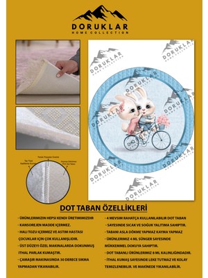 Doruklar Home Collection Kaymaz Taban Yıkanabilir Tatlı Tavşanlar Desenli Yuvarlak Çocuk Halısı