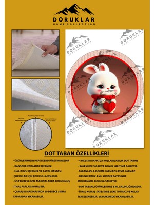 Doruklar Home Collection Kaymaz Taban Yıkanabilir Kalpli Tavşan Desenli Yuvarlak Çocuk Halısı