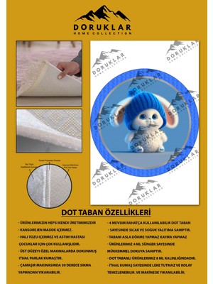 Doruklar Home Collection Kaymaz Taban Yıkanabilir Şapkalı Tavşan Desenli Yuvarlak Çocuk Halısı