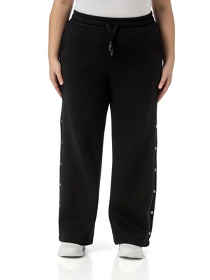 Disentis Modest Büyük Beden Beli Lastikli ve Ip Büzgülü Yanlarda Süs Çıtçıt Detaylı Siyah Eşofman Pantolon