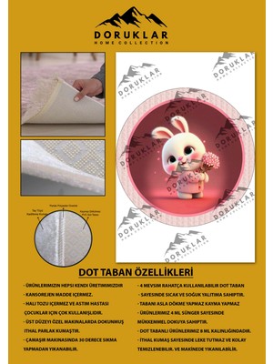 Doruklar Home Collection Kaymaz Taban Yıkanabilir Çiçekli Tavşan Desenli Yuvarlak Çocuk Halısı