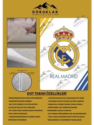 Kaymaz Taban Makinada Yıkanabilir Dijital Baskı Real Madrid Desenli Genç Odası Halısı Dot Taban Halı