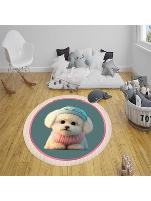 Doruklar Home Collection Kaymaz Taban Yıkanabilir Tatlı Köpek Desenli Yuvarlak Çocuk Halısı