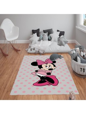 Kaymaz Tabanlı Yıkanabilir Mickey Minnie Desenli Çocuk Halısı Dot Taban Halı