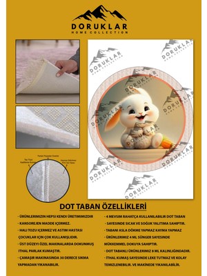 Doruklar Home Collection Kaymaz Taban Yıkanabilir Tatlı Minik Tavşan Desenli Yuvarlak Çocuk Halısı