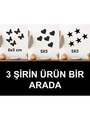 Numa Concept Üç Şirin Ahşap Mdf Dekorasyon Ürünü Bir Arada Kelebek , Kalp ve Yıldız (5+5+5) 15 Parça Set