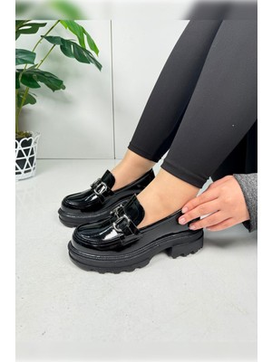 Nstil Günlük Kadın Loafer V Tokalı Kalın Topuklu Tırtıklı Tabanlı Oval Burunlu Makosen Ayakkabı 7455 - 7453