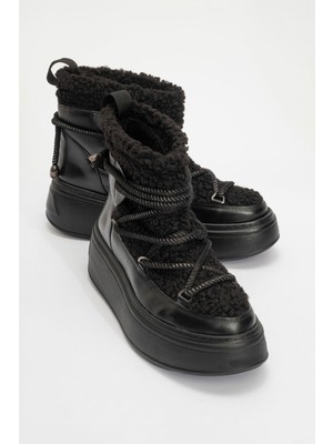 Luvi Dila Siyah Suni Kürklü Kadın Kalın Tabanlı Kar Botu