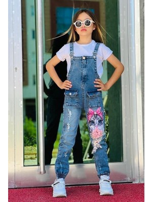 Burçak Butik Mevsimlik Kız Çocuk Tişört ve Baskılı Kot Salopet 2 Parça Takım - Denim Tulum - Bayramlık