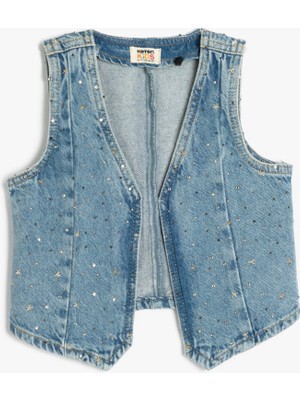 Koton Yıldız Detaylı V Yaka Kolsuz Pamuklu Denim Yelek