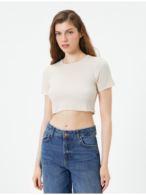 Koton Basic Crop Tişört Ribanalı Kısa Kollu Bisiklet Yaka Slim Fit