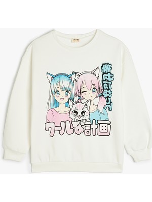 Koton Anime Baskılı Bisiklet Yaka Pamuklu Uzun Kollu Sweatshirt