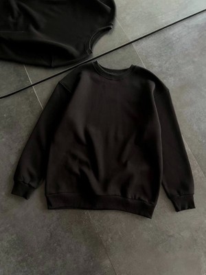 Burtex Kışlık Bisiklet Yaka Üç Iplik Basic Sweatshirt - Siyah