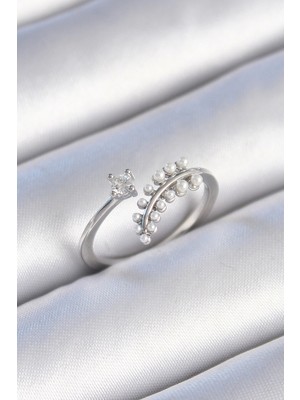 Pirinç Gümüş Renk Zirkon Taşlı Incili Yaprak Model Kadın Yüzük