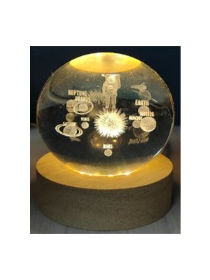 Turtcest Dekoratif Bütün Gezegenler Tasarımlı Ahşap Altlıklı Işıklı Cam Küre Büyük Boy Cam:8 cm  Ahşap:2 cm