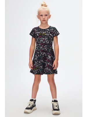 Lovetti Siyah Kız Çocuk Glasgow Desen Kısa Kol Kloşe Etek Elbise