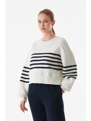 Çizgili Bisiklet Yaka Oversize Sweatshirt