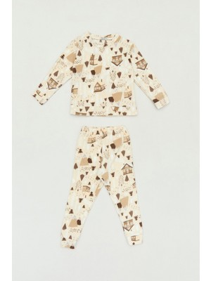 FullaModa Desenli Bisiklet Yaka Polar Unisex Çocuk Pijama Takımı