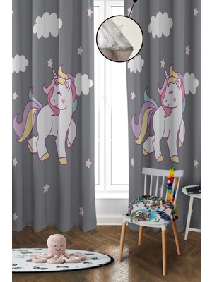 Doruklar Home Collection Dijital Baskı Yıkanabilir Unicorn Desenli 2 Kanat Bebek ve Çocuk Odası Fon Perdesi