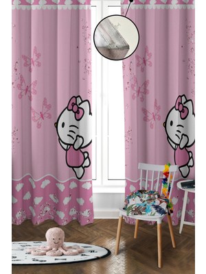 Doruklar Home Collection Dijital Baskı Yıkanabilir Hello Kitty Desenli 2 Kanat Bebek ve Çocuk Odası Fon Perdesi