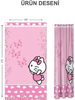 Doruklar Home Collection Dijital Baskı Yıkanabilir Hello Kitty Desenli 2 Kanat Bebek ve Çocuk Odası Fon Perdesi