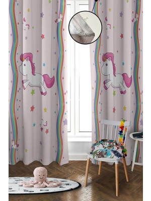 Doruklar Home Collection Dijital Baskı Yıkanabilir Unicorn Desenli 2 Kanat Bebek ve Çocuk Odası Fon Perdesi