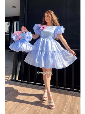 Bertuğ Bebek Mavi Pembe Takım Organze Kombin Abiye Elbise Kısa Kol Balon Yaka